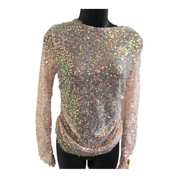 Sans Souci Pink‎ Sequin sheer mesh iridescent shirred side and sleeve top size M - Picture 7 of 11